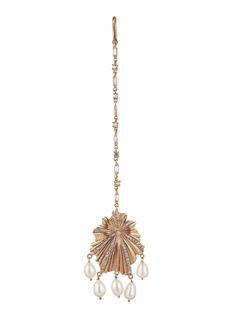 

Zariin Rose Gold-Plated White CZ-Studded Shell Crush Maang Tikka