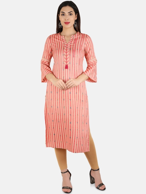 

Laabha Women Pink & Cream Striped Straight Kurta