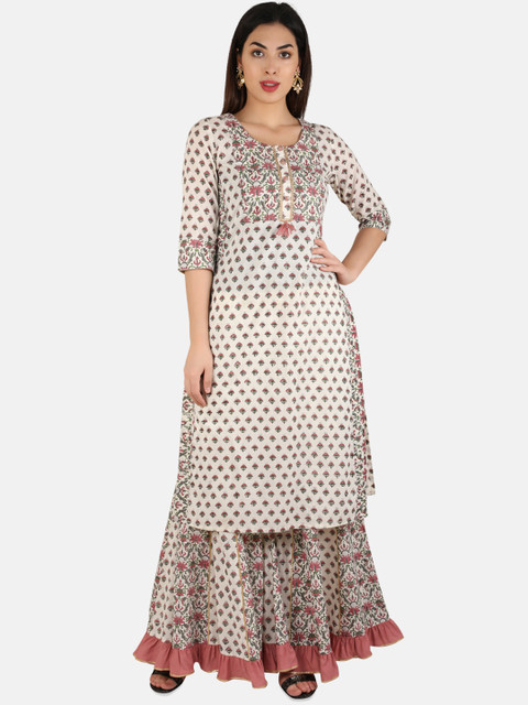 

Laabha Women White & Pink Printed Straight Kurta