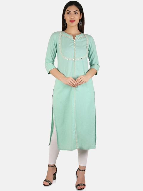

Laabha Women Sea Green Yoke Design Straight Kurta