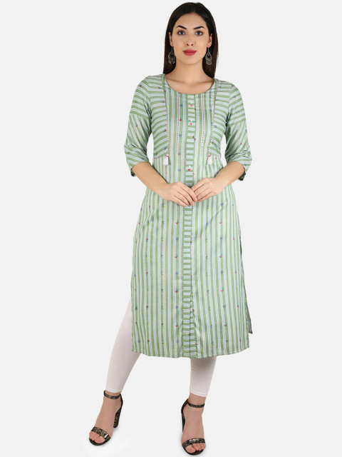 

Laabha Women Sea Green & White Striped Straight Kurta