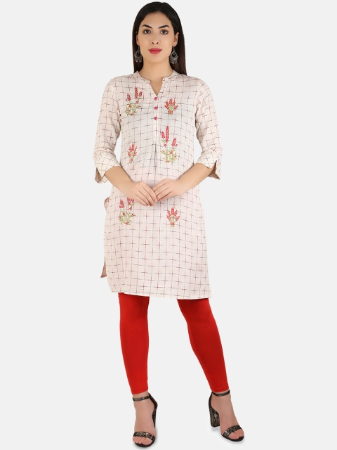 

Laabha Women Cream & Red Checked Straight Kurta