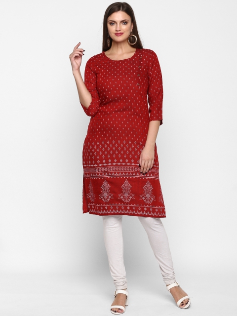 

Teal19 Women Red & Silver Woven Design Straight Kurta