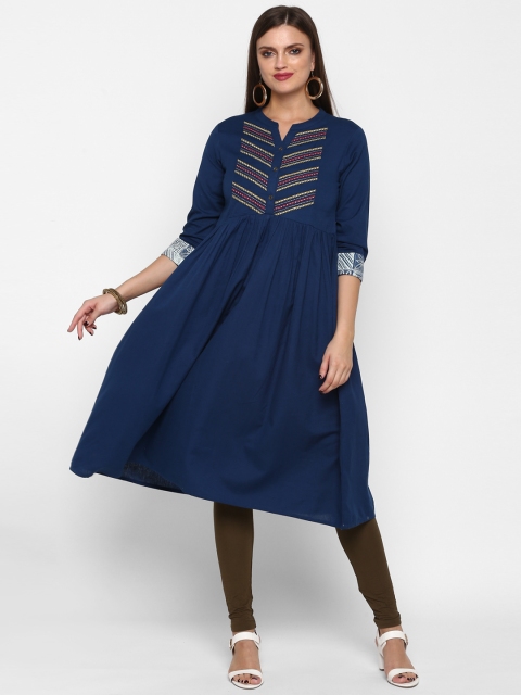 

Teal19 Women Navy Blue Yoke Design A-Line Empire Kurta