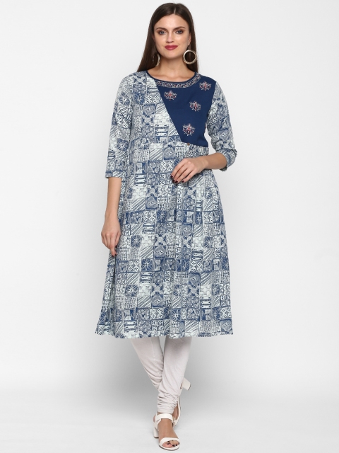 

Teal19 Women Blue & White Printed A-Line Kurta