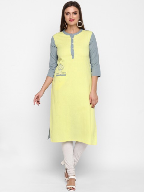 

Teal19 Women Yellow & Grey Solid Straight Kurta