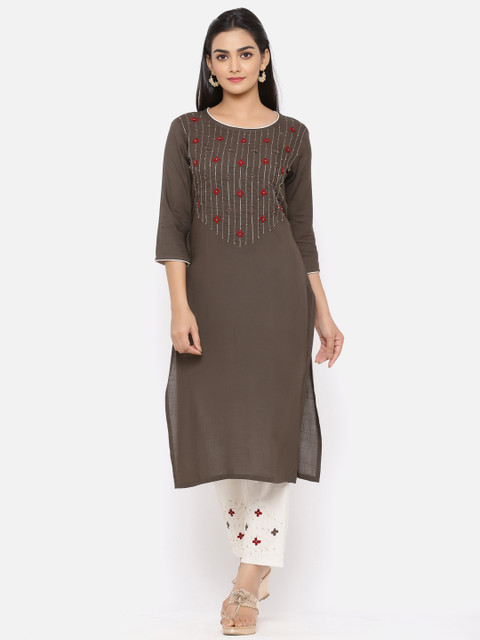 

Ishin Women Taupe & Off-White Yoke Design Kurta with Trousers