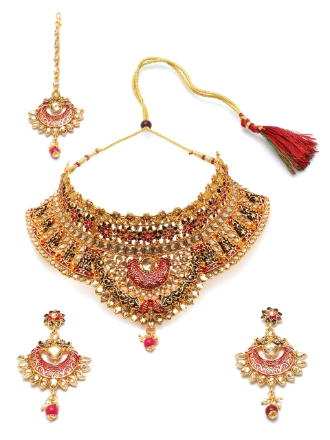 

ANIKAS CREATION Gold-Plated Beige & Magenta Kundan-Studded Enamelled Bridal Look Choker Jewellery Set
