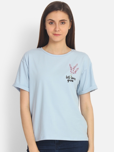 

COVER STORY Women Blue Printed Round Neck T-shirt