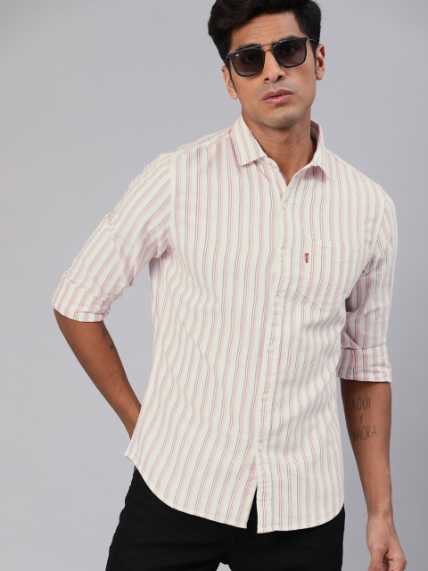 

Levis Men Off White & Navy Blue Regular Fit Striped Casual Shirt