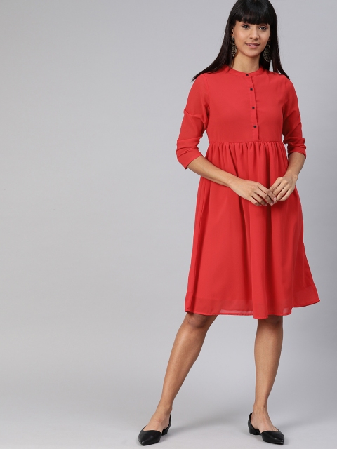 

HERE&NOW Women Red Solid Fit and Flare Dress