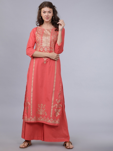 

Folklore Women Peach-Coloured & Gold-Toned Printed Kurta with Palazzos