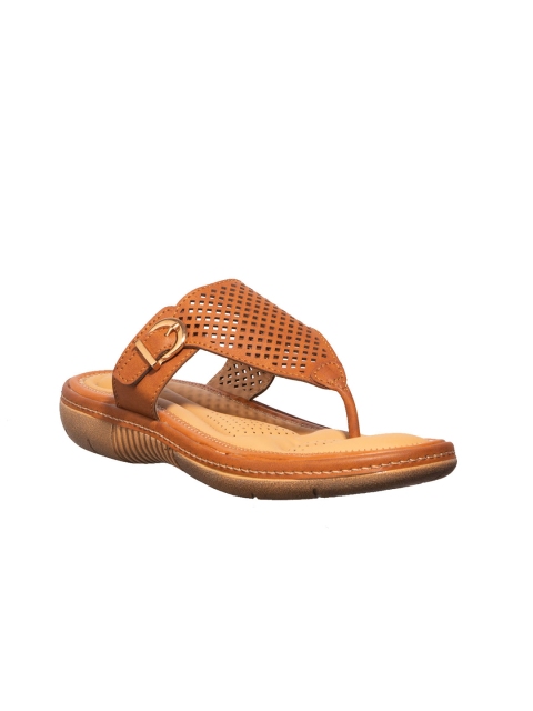 

Khadims Women Brown Solid Laser Cut T-Strap Comfort Flats