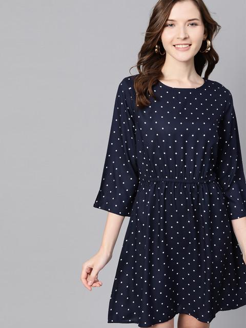 

Mast & Harbour Women Navy Blue & White Printed A-Line Sustainable ECOVERO Dress
