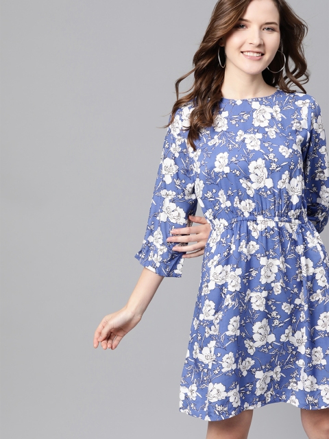 

Mast & Harbour Women Blue & White Floral Print A-Line Sustainable Dress