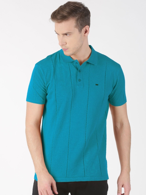 

BLACK BUCK Men Turquoise Blue Striped Polo Collar T-shirt