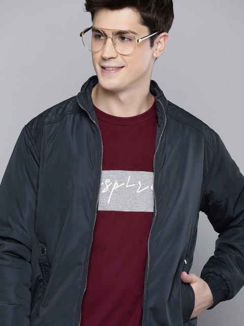

HERE&NOW Men Navy Blue Solid Bomber Jacket