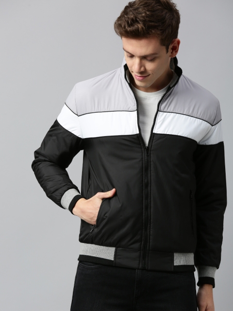 

HERE&NOW Men Black & Grey Colourblocked Bomber Jacket