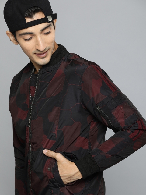 

HERE&NOW Men Black & Maroon Abstract Printed Bomber Jacket