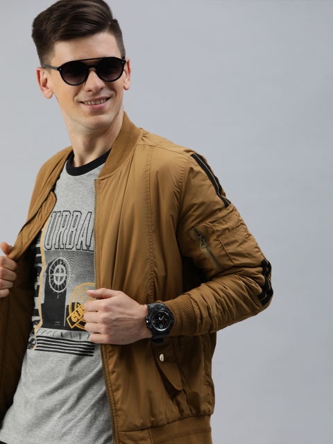 

HERE&NOW Men Tan Brown Solid Bomber Jacket with Striped Detail