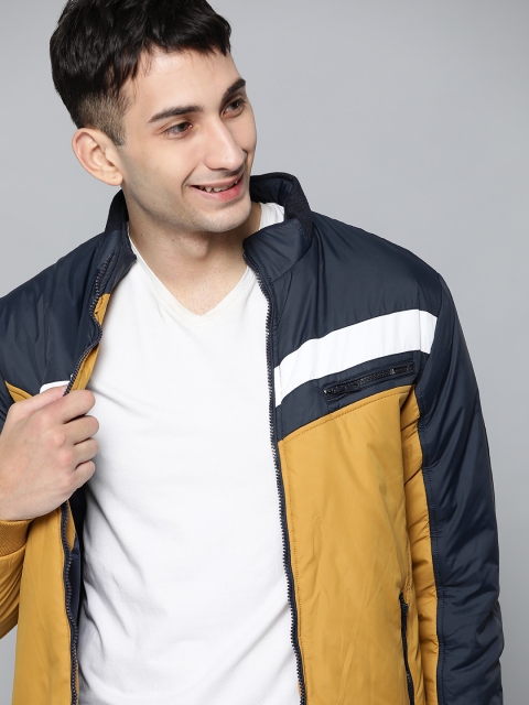 

HERE&NOW Men Mustard Yellow & Navy Blue Colourblocked Bomber Jacket