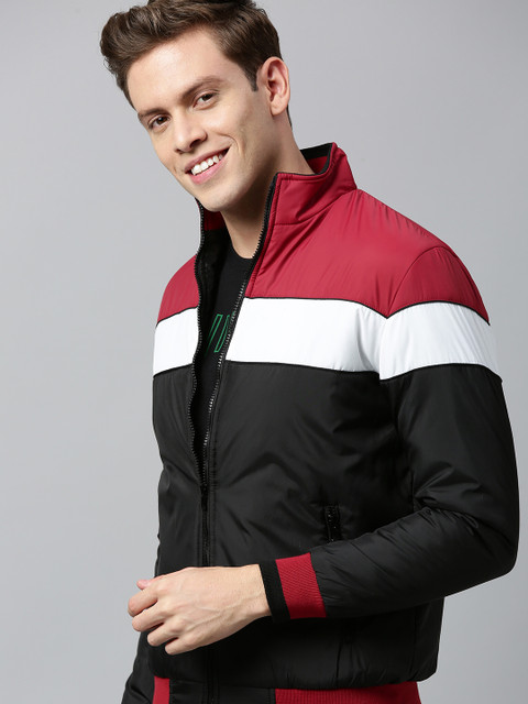

HERE&NOW Men Black & Maroon Colourblocked Bomber Jacket