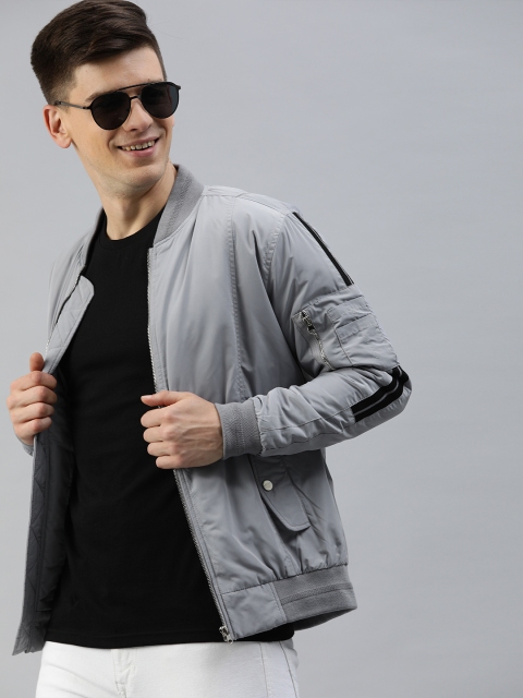 

HERE&NOW Men Grey Solid Bomber Jacket with Side Stripes