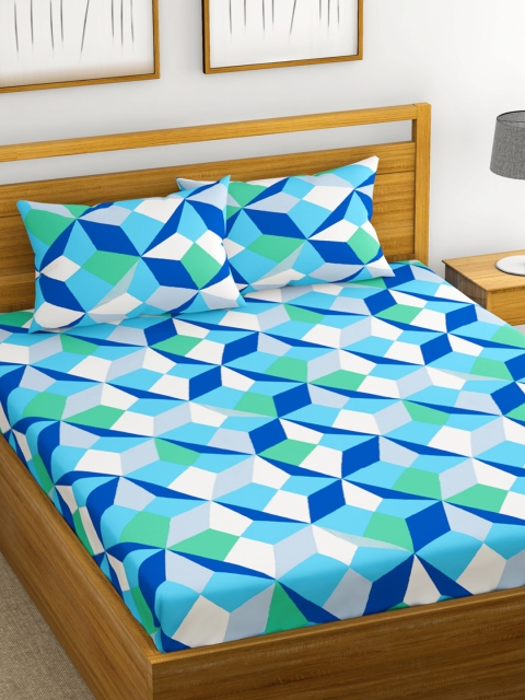 

URBAN SPACE Blue Geometric 144 TC Cotton 1 Queen Bedsheet with 2 Pillow Covers