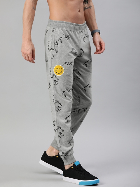 

HERE&NOW Men Grey Melange & Black Printed Straight Fit Joggers