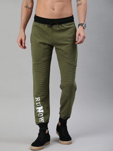 

HERE&NOW Men Olive Green Printed Detail Straight Fit Joggers