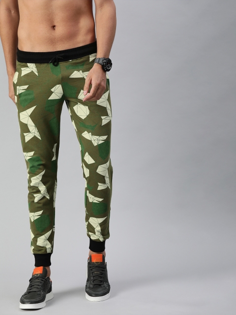 

HERE&NOW Men Olive Green & Biege Printed Straight Fit Joggers