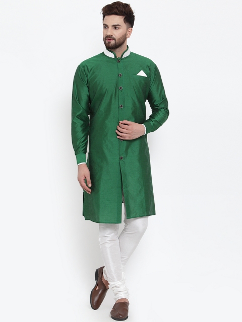 

Benstoke Men Green & White Silk Sherwani Set