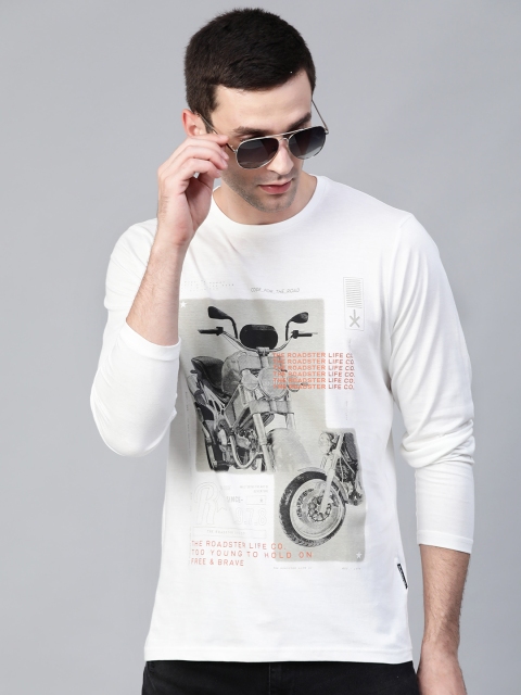 

Roadster Men White & Grey Printed Round Neck T-shirt, Off white