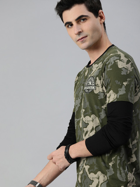 

Roadster Men Olive Green & Beige Abstract Printed Round Neck T-shirt