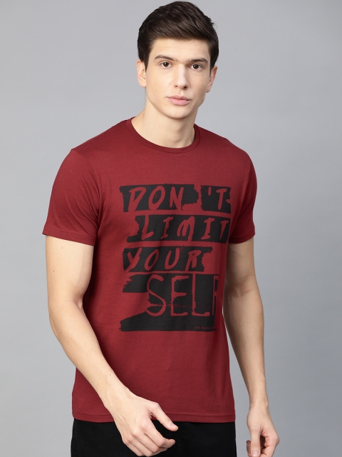 

Roadster Men Maroon Black Printed Round Neck Pure Cotton T-shirt