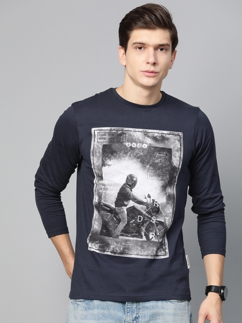 

Roadster Men Navy Blue & Grey Printed Round Neck T-shirt
