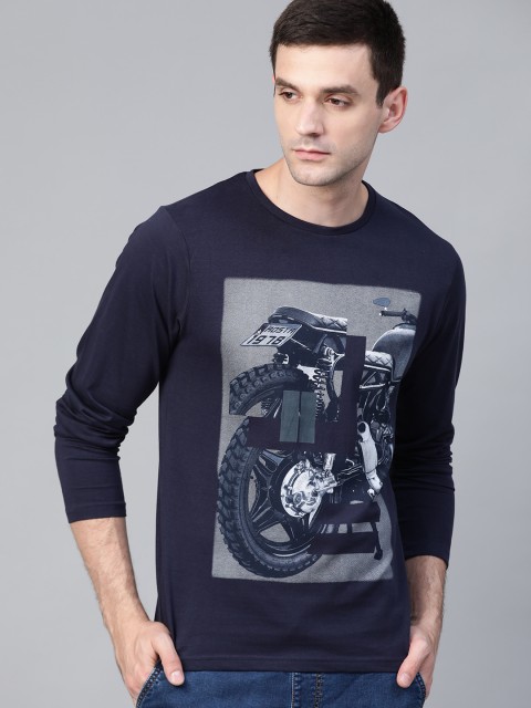 

Roadster Men Navy Blue Grey Printed Round Neck Pure Cotton T-shirt
