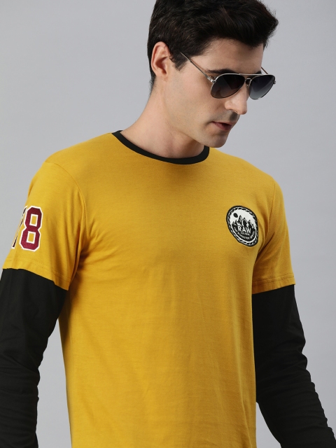 

Roadster Men Mustard Yellow Solid Round Neck Pure Cotton T-shirt