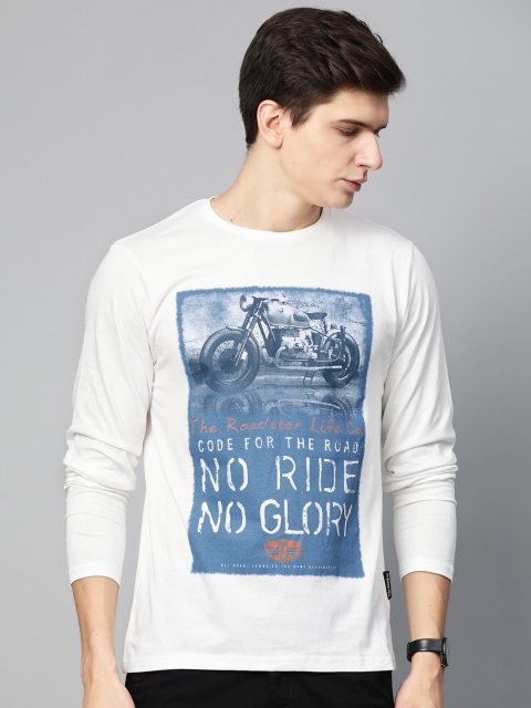 

Roadster Men Off-White & Blue Printed Round Neck T-shirt