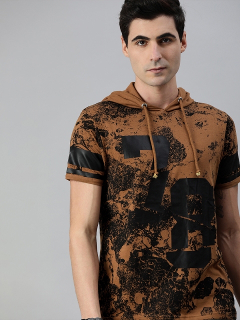 

Roadster Men Brown Black Abstract Printed Hood Pure Cotton T-shirt