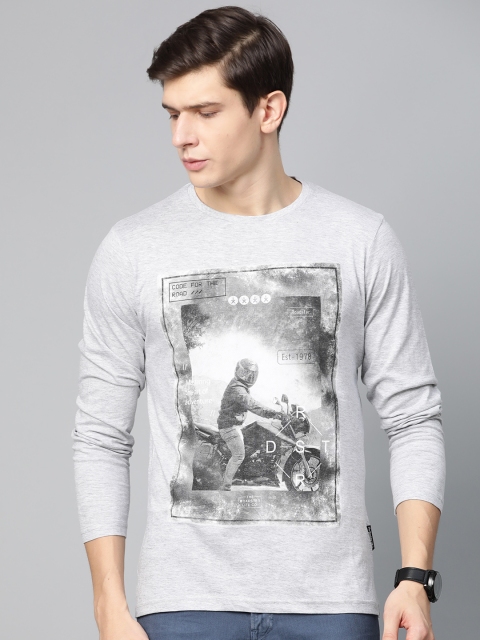 

Roadster Men Grey Melange Printed Round Neck T-shirt