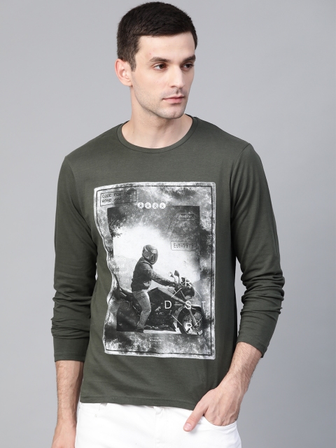 

Roadster Men Olive Green Printed Round Neck T-shirt