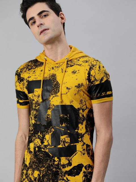 

Roadster Men Yellow Black Abstract Printed Hood Pure Cotton T-shirt
