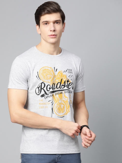 

Roadster Men Grey Melange & Mustard Yellow Printed Round Neck T-shirt