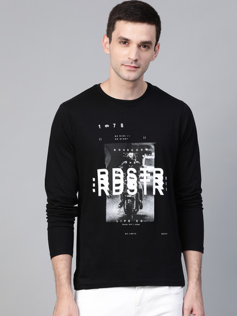 

Roadster Men Black White Printed Round Neck Pure Cotton T-shirt