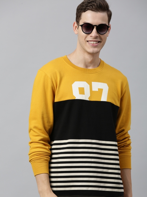 

HERE&NOW Men Mustard Yellow & Black Colourblocked Sweatshirt