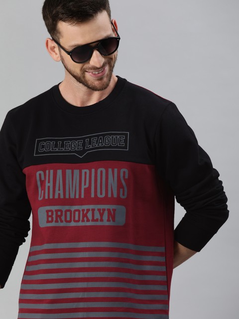 

HERE&NOW Men Black & Maroon Printed Sweatshirt