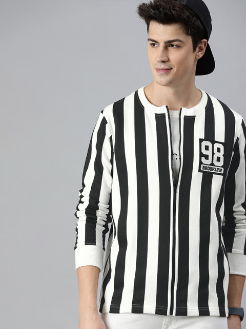

HERE&NOW Men White & Black Striped Front-Open Sweatshirt