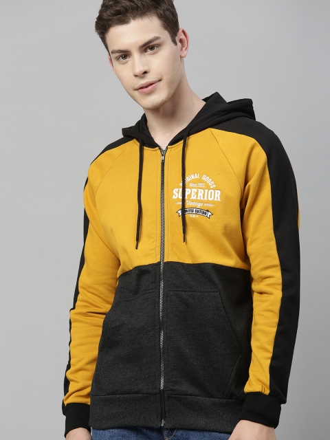 

HERE&NOW Men Mustard Yellow & Black Colourblocked Hooded Sweatshirt