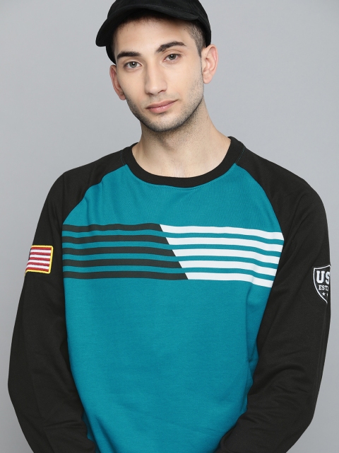 

HERE&NOW Men Teal Blue & Black Striped Sweatshirt